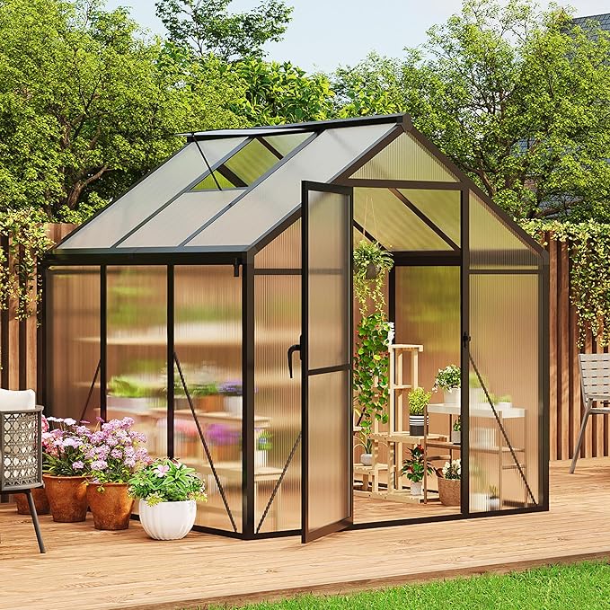 6x6 FT Greenhouse for Outdoors, Polycarbonate Greenhouse with Roof Vent, Ground Nails, Lockable Push Door, Aluminum Large Walk-in Green House for Outside Garden Backyard, Patio, Lawn, Black