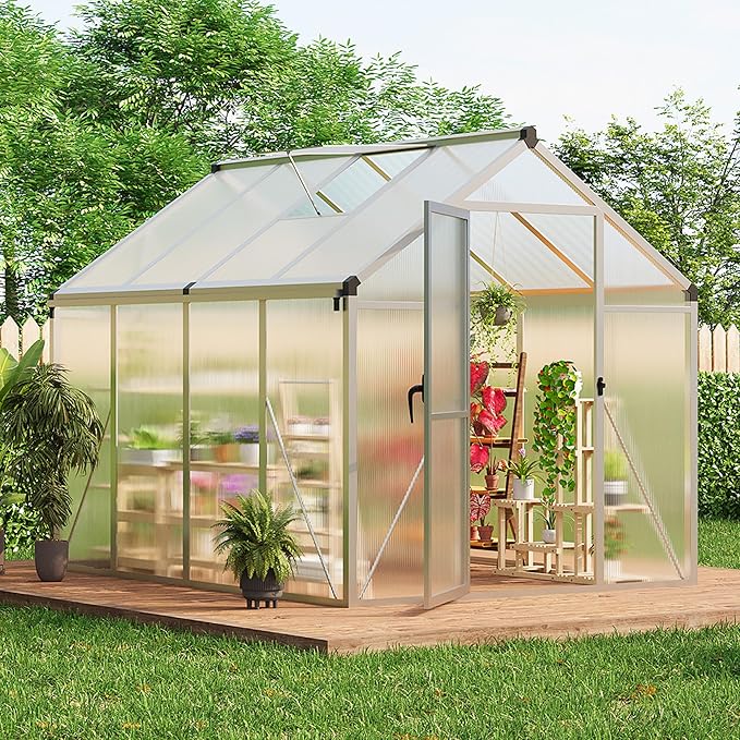 6x8 ft Greenhouse for Outdoors, Polycarbonate Greenhouse with Roof Vent, Ground Nails, Lockable Push Door, Aluminum Large Walk-in Green House for Outside Garden Backyard, Patio, Lawn, Silver
