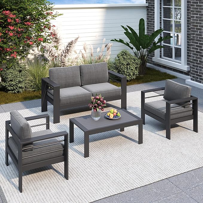 Solaste Outdoor Aluminum Furniture Set,4 Pieces Patio Sectional Chat Sofa Outdoor Conversation Set with Table,Dark Grey