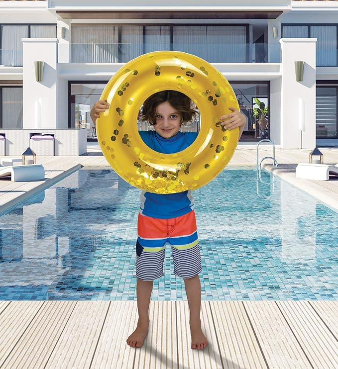 4-Pack Kids Inflatable Pool Floats - Sparkly Confetti-Filled Glitter Pool Float Rings, Cute Pool Floats in Pearl, Silver, Rose Gold, and Gold; Floating Tube Swim Rings for Pool, Beach, Lake - 23 Inch