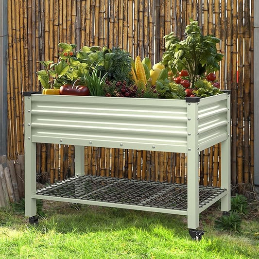 48" W x 24" D x 34" H Galvanized Raised Garden Bed with Lockable Wheels, Raised Garden Beds Outdoor with Drainage Gaps & Shelf, Planter Boxes Outdoor for Backyard, Patio, Balcony, Beige