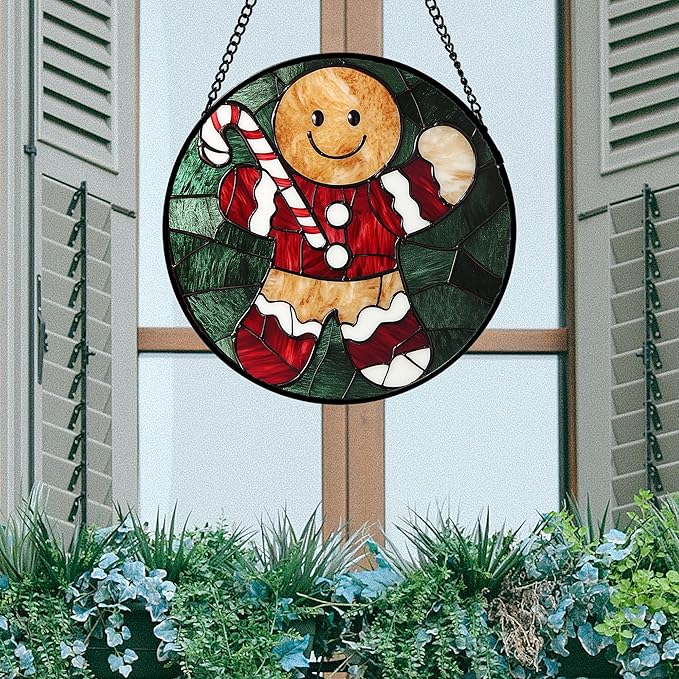 AMDERVEN Stained Glass Window Hanging 4 Pcs Set Red Christmas Stockings and Gingerbread 6.3" - Suncatcher Door Garden Sun Catcher Decor Birthday Mother's Day Xmas Gifts for Mom Woman Nana Men
