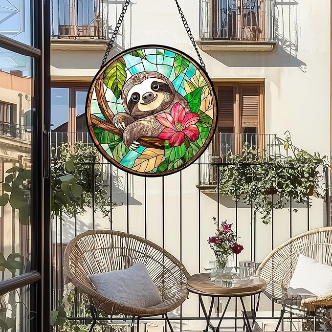 AMDERVEN Stained Glass Window Hanging, Cute Sloth Sun Catcher for Door Home Decor Animal Suncatcher Christmas Mother's Day Birthday Gifts for Women Men Mom and Nana 11.8 in