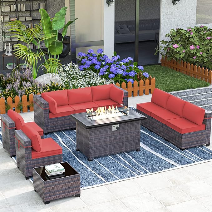 Outdoor Patio Furniture Set with Gas Fire Pit Table, 10 Pieces Outdoor Furniture Set Patio Sectional Sofa w/43in Propane Fire Pit, PE Wicker Rattan Patio Conversation Sets - Red