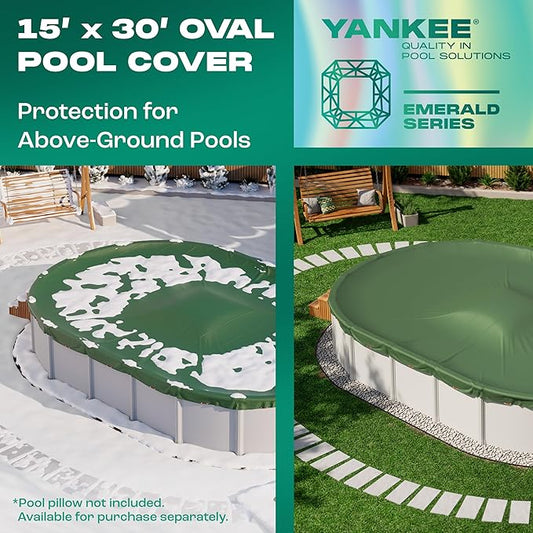 Yankee Emerald Series Pool Covers for Above Ground Pools | Oval 15x30 ft Swimming Pool Cover w/Steel-Core Cable, Winch for Winterization | 9 mil Medium-Thickness for Off-Season, On-Season Protection