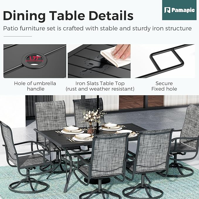 Pamapic 7-Piece Patio Dining Furniture Set with Swivel Chairs, Outdoor Table & 6 Textilene Chairs for Garden, Backyard, Pool, Deck, Gray