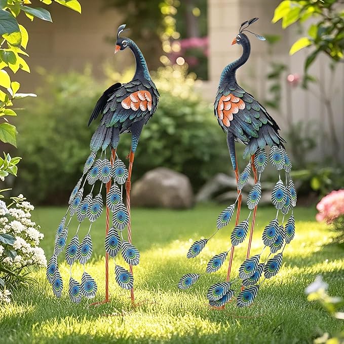 Ultym Large Metal Peacock Garden Decor- Handmade 32" Oversize Standing Peacock Statue with Stable Ground Stakes, Backyard Decoration, Metal Garden Art Sculptures