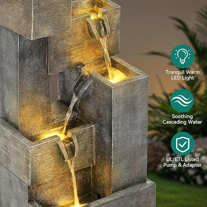 Autodaya 32.5" Modern Outdoor Water Fountain with LED Lights, 5-Tier Stacked Blocks Garden Fountain Cascading Waterfall Feature for Relaxing Garden, Patio, Backyard, Deck, Porch or Home Décor