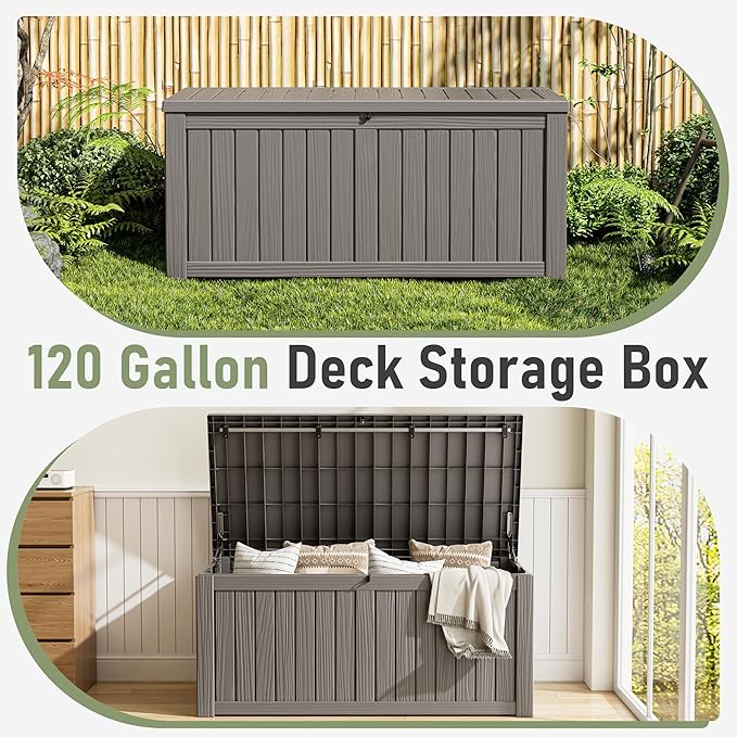 Outdoor Storage Box, Resin Deck Boxes Indoor and outdoor, Waterproof Storage Box Lockable Lid (Grey, 150 Gallon)