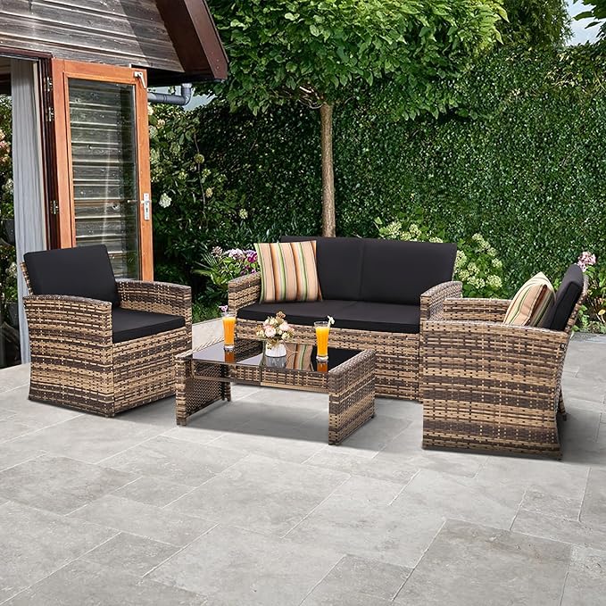 4 Pieces Patio Conversation Set, Outside Rattan Sectional Sofa, Cushioned Furniture Set, Wicker Sofa Ideal for Garden, Porch, Backyard, Natural Color Rattan and Black Cushion