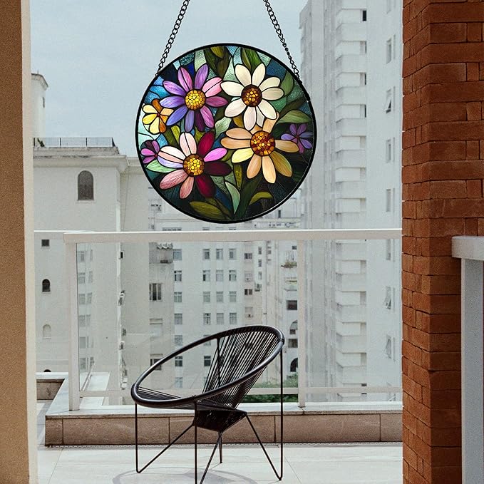 CRISGIF Stained Glass Window Hanging - Colorful Daisies Suncatcher for Door Garden Patio Retro Flower Sun Catchers Decor Christmas Mother's Day Birthday Gifts for Women Mom Nana Aunt Friend 6.3 in