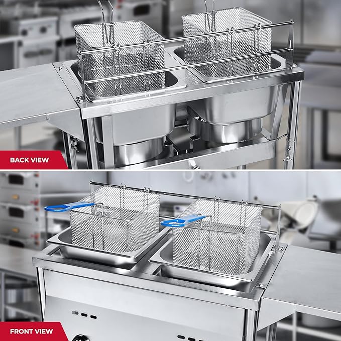 FOODIZIO Silver Deep Fryer with Thermometer, Propane Deep Fryer with 2 Stainless Steel Baskets & Lids, Adjustable Temperature with Regulating Knobs