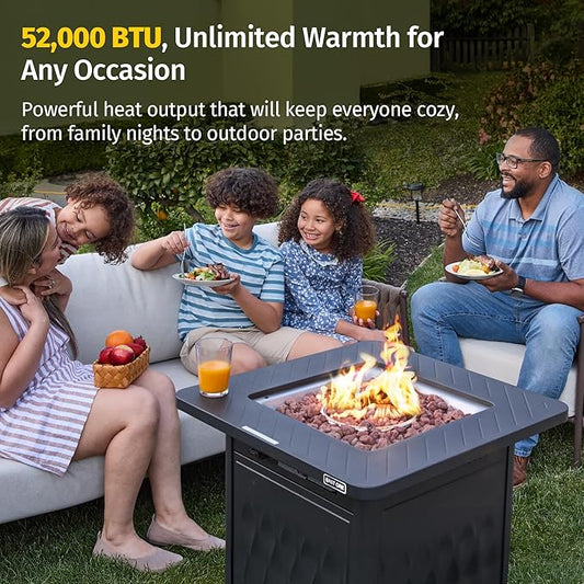 EAST OAK 28" Upgraded Outdoor Fire Pit Table | 52,000 BTU Fire Pit Table for Outside with Magnetic Lid | Storage Basket & Lava Rocks | CSA Certified for Patio, Garden & Backyard | Black