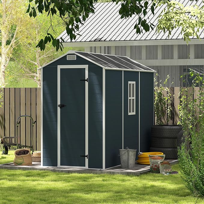 Resin Storage Shed 8x4ft, Outdoor Storage Sheds with Floor, Window, Lockable Doors and Vents, 12mm Thick pp Board, Tool Shed for Bike, Garden, Backyard, Lawn (Dark Gray, 4 * 8ft)