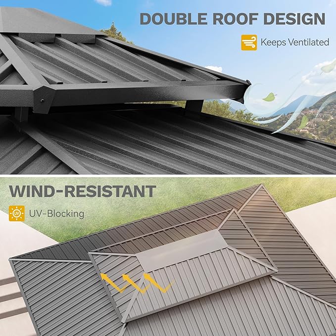 DWVO 12x16ft Gazebo Double Roof Hardtop with Nettings and Curtains, Heavy Duty Galvanized Steel Outdoor Vertical Stripes Roof for Patio, Backyard, Deck, Lawns, Grey