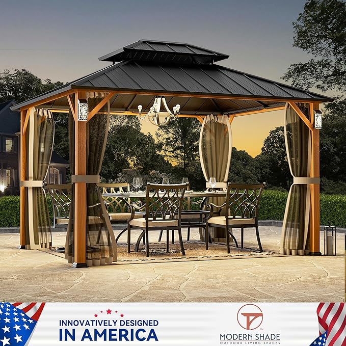 Modern Shade The Horizon Hardtop Gazebo 10' x 12' with 4 LED Lights, Permanent Outdoor Gazebo with Galvanized Steel Double Roof, Grill Pavilion with Decor Hooks, Mosquito Nettings, Wood Grain