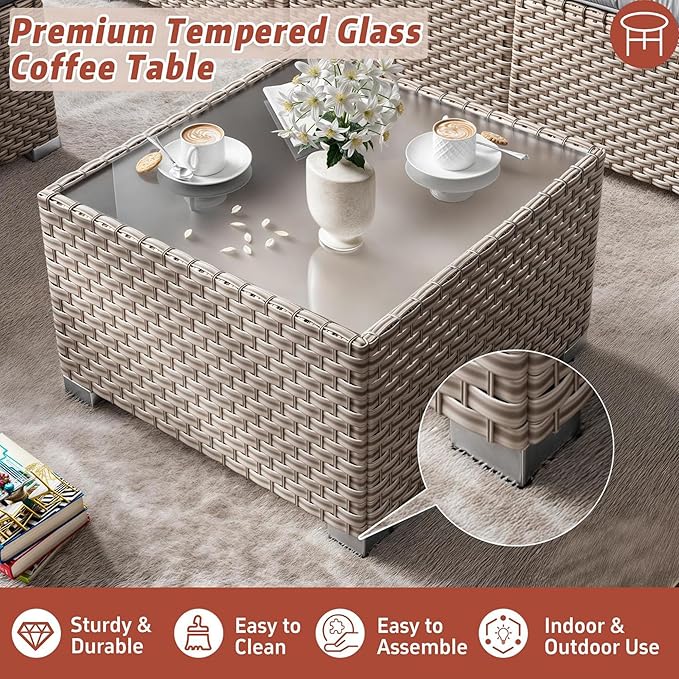 13 Pieces Patio Furniture Set with Fire Pit Table, Outdoor Sectional Wicker Sofa with Thickened Cushions and Coffee Table, High Back Rattan Patio Conversation Sets, Khaki