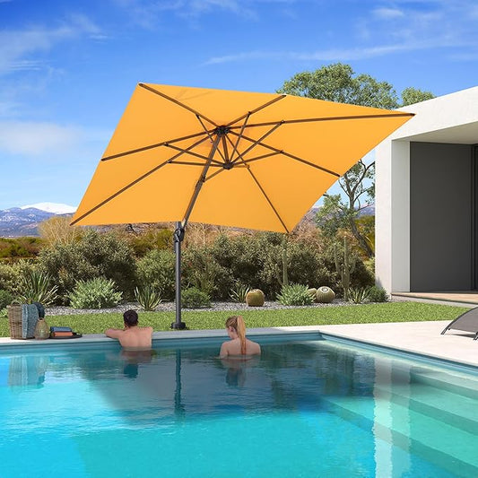 PURPLE LEAF 8' X 8' Patio Umbrella with In-ground Base for Pool 7' High Offset Outdoor Cantilever Umbrella Swimming Pool Umbrella with 360°Rotation for Poolside Yellow
