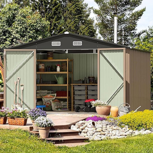 Furniwell 10x8 FT Outdoor Storage Shed, Metal Garden Sheds Outdoor Storage House with Single Lockable Door for Backyard Patio Lawn, Brown