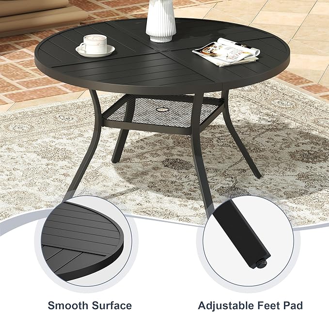 VICLLAX Round Patio Dining Table, 4-6 Person Metal Outdoor Dining Table with Umbrella Hole and Storage Shelf for Garden Lawn Deck, 47.2" Black