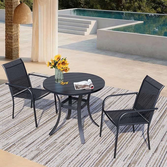 3 Piece Outdoor Dining Set, Patio Table and Chairs Set of 2, 27.6" Black Round Patio Table with 2 Black Stackable Patio Chairs for Lawn, Garden, Porch