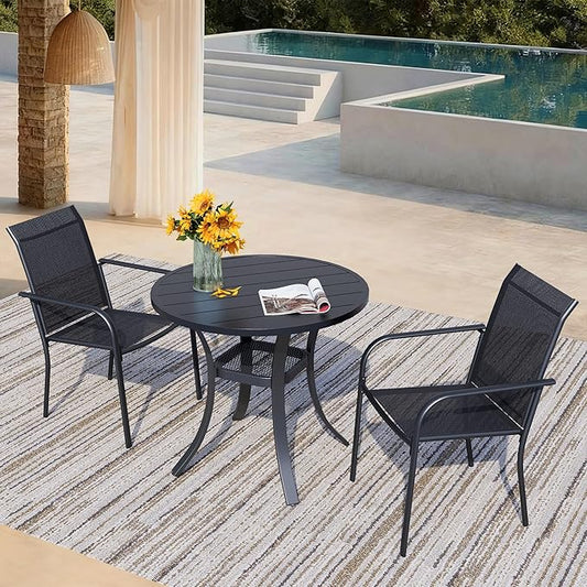 3 Piece Outdoor Dining Set, Patio Table and Chairs Set of 2, 27.6" Black Round Patio Table with 2 Black Stackable Patio Chairs for Lawn, Garden, Porch
