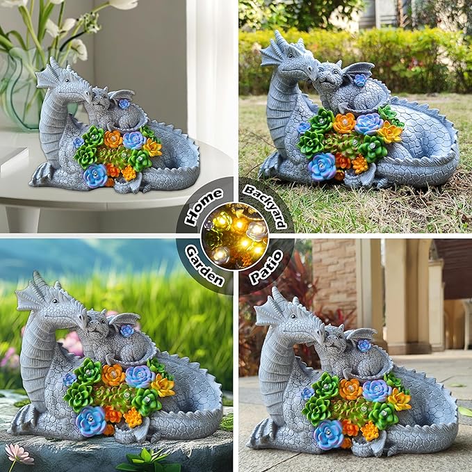 VIOYOUNS Solar Dragon Statue with LED Lights, Dargon Lover Gifts with Succulent and 6 LED Lights for Outdoor,Solar Dragon Decor for Yard, Garden and Patio, Unique Garden Statue for Mom Grandma