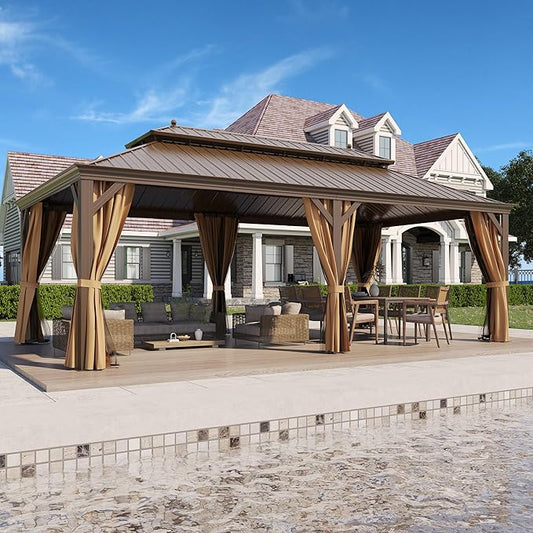 GAZEBEST 12' X 22' Hardtop Gazebo, Outdoor Galvanized Steel Double Roof Permanent Aluminum Frame Pavilion Pergola Canopy with Privacy Curtains for Garden, Patio, Backyard, Deck and Lawns.