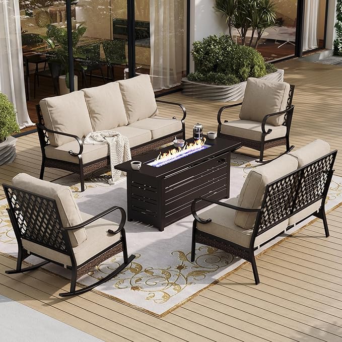 5 Piece Black Metal Outdoor Patio Furniture Set with Firepit Table, Patio Conversation Sets 1 3-Seater Sofa, 2-Seater Sofa, 2 Rocking Chairs with 5.75" Cushion for Backyard Deck, Beige