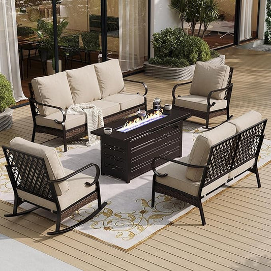5 Piece Black Metal Outdoor Patio Furniture Set with Firepit Table, Patio Conversation Sets 1 3-Seater Sofa, 2-Seater Sofa, 2 Rocking Chairs with 5.75" Cushion for Backyard Deck, Beige