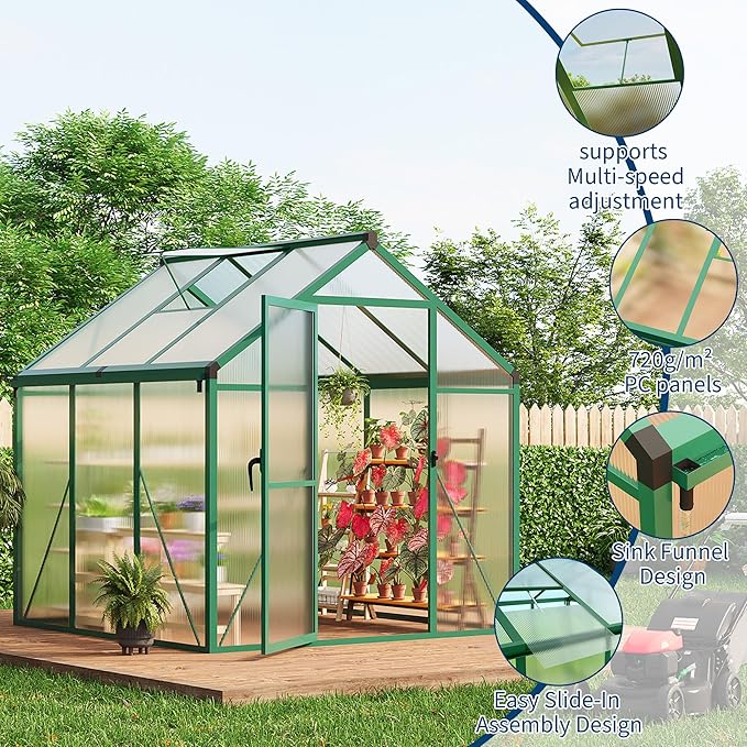 6x6 ft Greenhouse for Outdoors, Polycarbonate Greenhouse with Roof Vent, Ground Nails, Lockable Push Door, Aluminum Large Walk-in Green House for Outside Garden Backyard, Patio, Lawn, Green