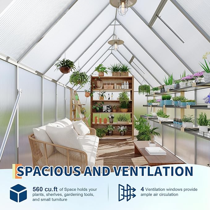 Polycarbonate Greenhouse for Outdoors, Large Walk-InGreenhouse with Quick Setup Structure and Roof Vent, Greenhouse with Ventilation