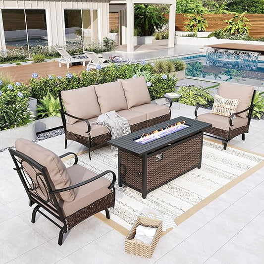 GREEN PARTY Extra Large Outdoor Patio Furniture Set with 56" Fire Pit Table 4 Pieces for 5, Modern Metal Patio Conversation Sets with High Back 3-Seat Sofa, 2 Motion Chairs, 1 Fire Pit Table