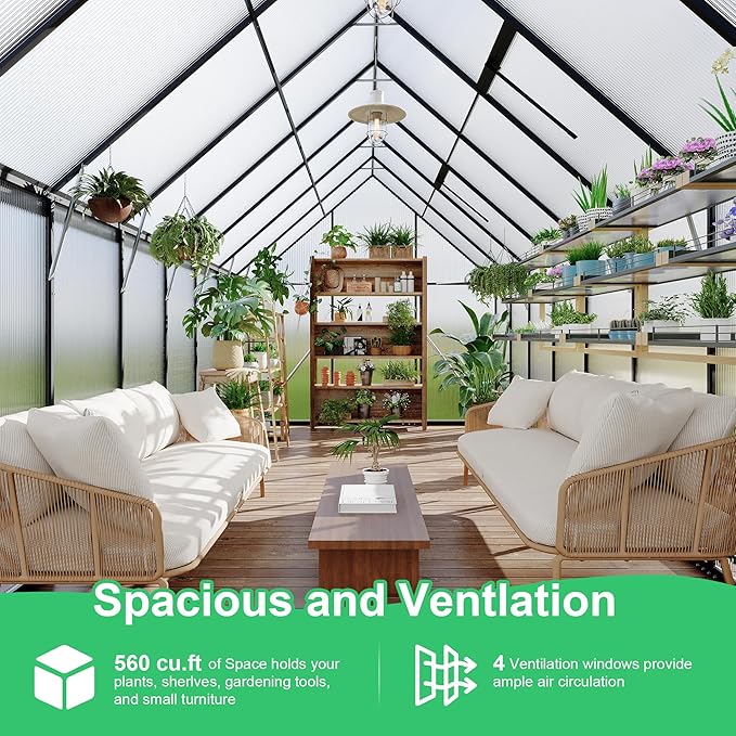 Polycarbonate Greenhouse for Outdoors, Large Walk-InGreenhouse with Quick Setup Structure and Roof Vent, Greenhouse with Ventilation and Rain Gutter