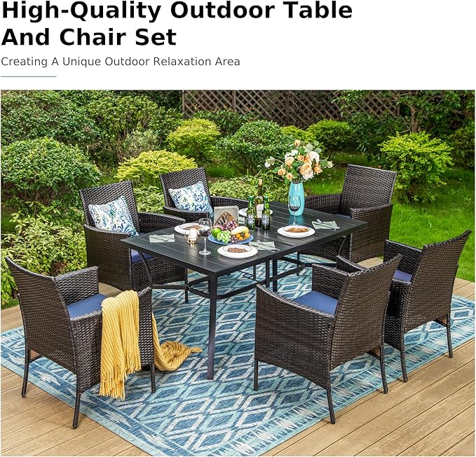 MFSTUDIO 7 Pieces Patio Wicker Outdoor Rattan Dining Furniture Set for 6, Outdoor Furniture Rectangular Dining Table and Chairs Set, Patio Wicker & Metal Dining Set for 6 and Chairs