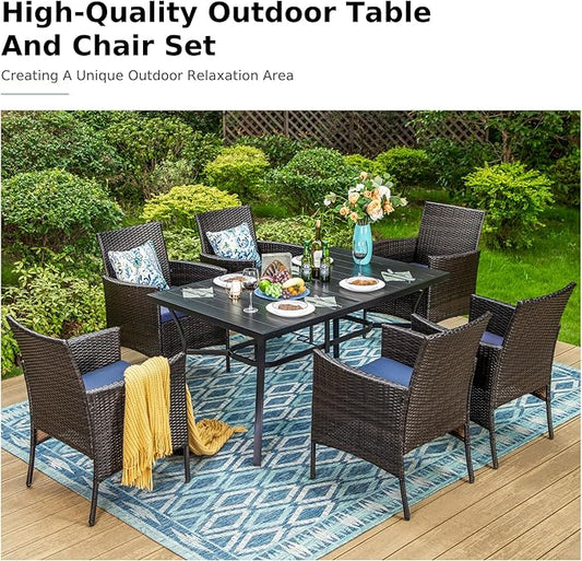 MFSTUDIO 7 Pieces Patio Wicker Outdoor Rattan Dining Furniture Set for 6, Outdoor Furniture Rectangular Dining Table and Chairs Set, Patio Wicker & Metal Dining Set for 6 and Chairs