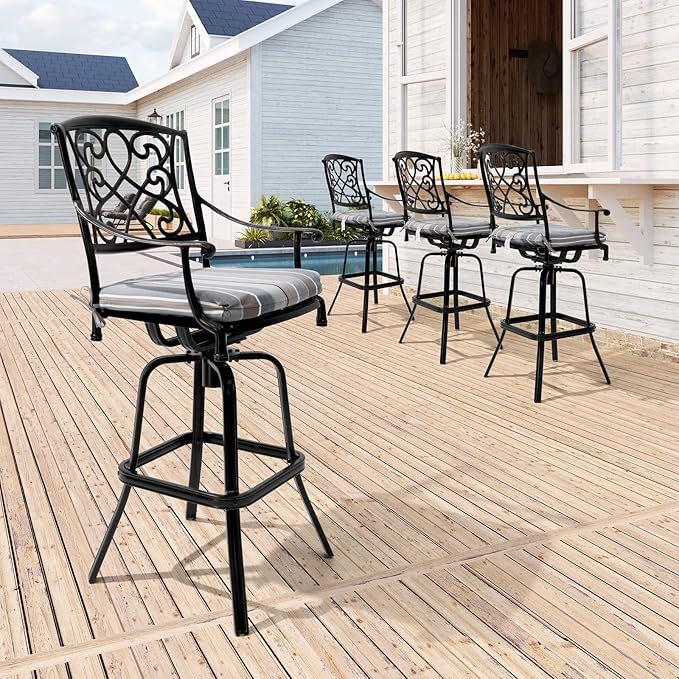 Crestlive Products Outdoor Bar Stools with Sunbrella Cushion Set of 4, 360° Swivel Patio Bar Height Chairs, All Weather Commercial Grade Furniture, Antique Brown Finish for Outside (Milano Char)