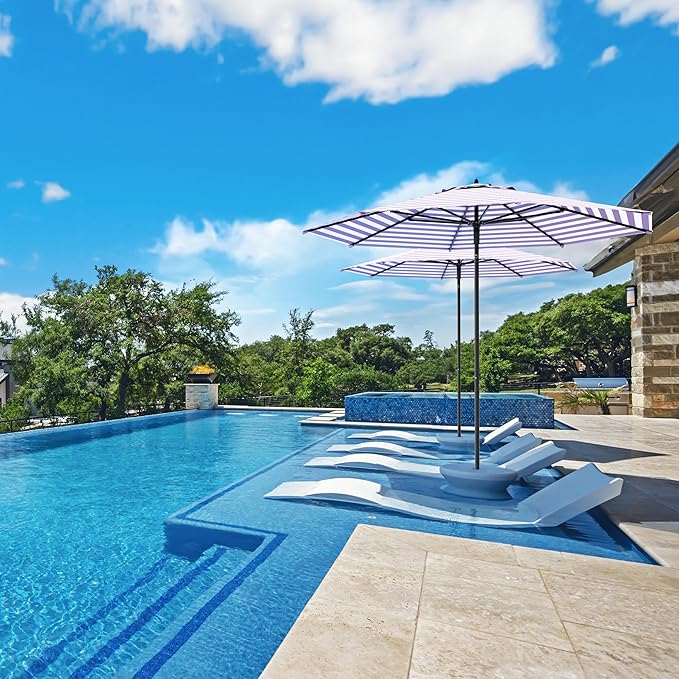 Midtown Umbrellas Push and Pop 9 Feet Outdoor Umbrella, Purple/White Stripes Polyester Fabric - Fiberglass Ribs Deck Patio Umbrella, Backyard Umbrella, Garden Umbrella & Pool Umbrella - Black Pole