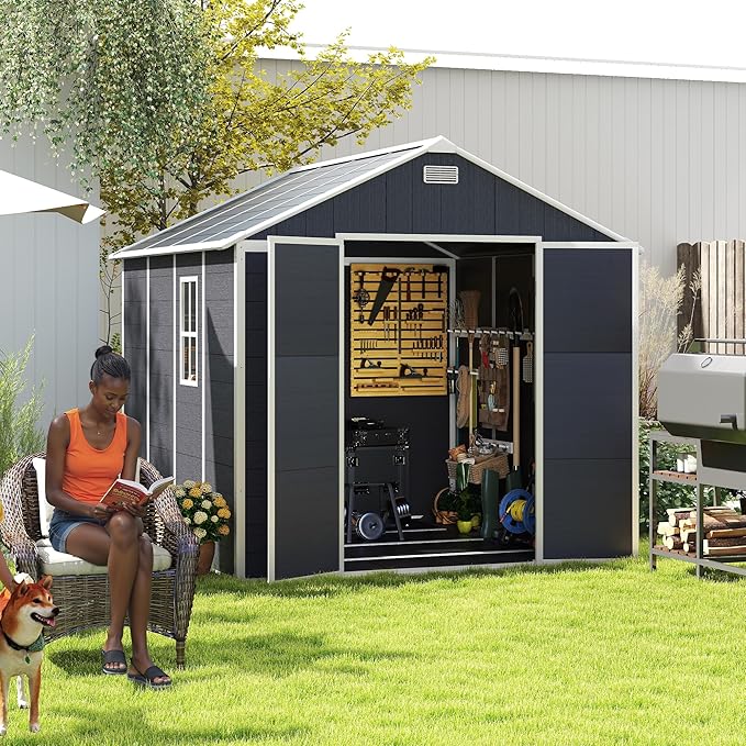 Resin Storage Shed 8x8ft, Outdoor Storage Sheds with Floor, Window, Lockable Doors and Vents, 12mm Thick pp Board, Large Storage Space Tool Shed for Bike, Garden, Backyard, Lawn (Dark Gray, 8 * 8ft)