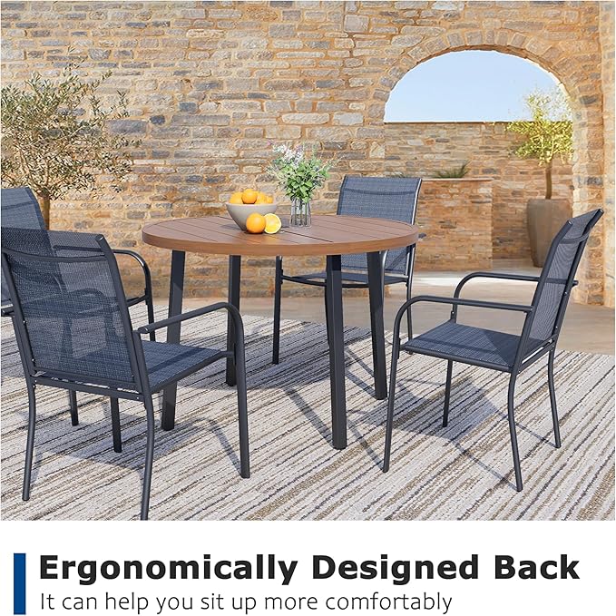 5 Pieces Patio Dining Set for 4, Dark Blue Patio Stackable Chairs and Walnut Round Table Set of 4, Outdoor Furniture Set with Sling Support for Outside, Garden