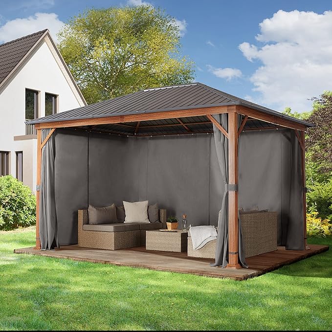 TOOLPORT Hardtop Gazebo 10x13 ft - Wood-Effect Finish - Steel Roof - 4 Side Panels in Gray