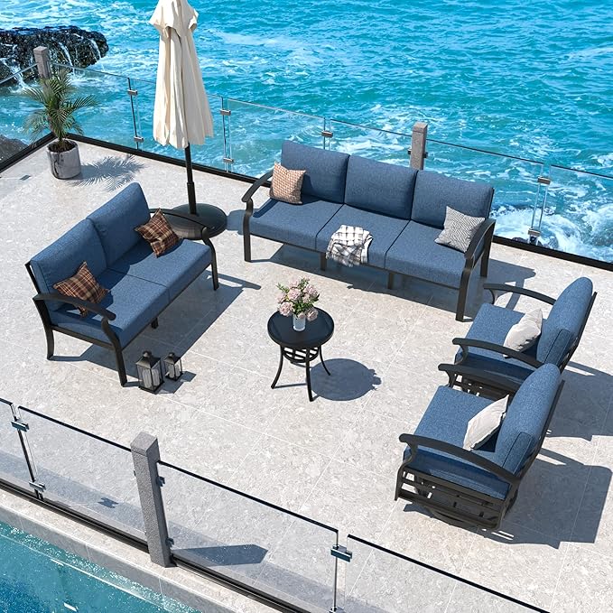 Aluminum Patio Furniture Set, 7 Seats Outdoor Patio Conversation Set with Swivel Chair Modern Metal Patio Sectional Sofa with Upgrade Cushions for Patio, Backyard Navy