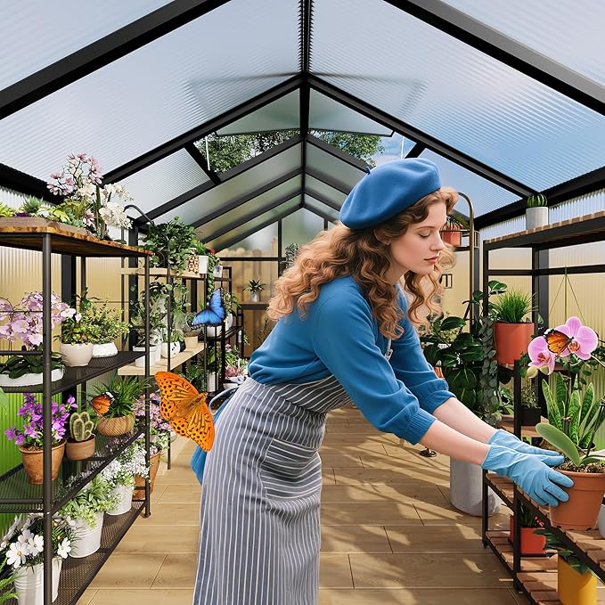 6x6 FT Greenhouse for Outdoors, Polycarbonate Greenhouse with Roof Vent, Ground Nails, Lockable Push Door, Aluminum Large Walk-in Green House for Outside Garden Backyard, Patio, Lawn, Black