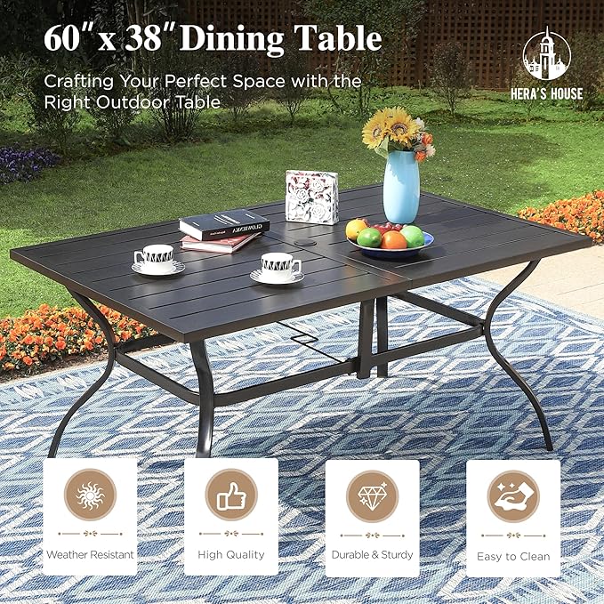 HERA'S HOUSE Patio Dining Table, 60" x 38" Rectangular Large Surface 6 Person Steel Frame Outdoor Dining Table with Umbrella Hole for Lawn Garden Backyard