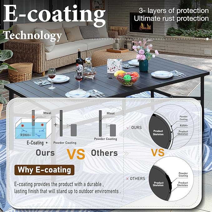 MFSTUDIO 9 Pieces Outdoor Patio Dining Furniture Set with 8 Wicker Chairs, Patio Large Rectangle Metal Table Set for 8 with 1.7'' Umbrella Hole, Outdoor Table and Rttan Chairs Dining Set