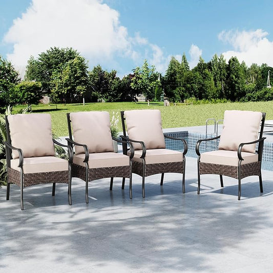 MFSTUDIO Patio Chairs Set of 4, Metal Wicker Dining Chairs with Thick Cushions and Armrests, Outdoor Furniture Chairs for Dining Table, Heavy Duty Wide Seat Chairs, 300lbs