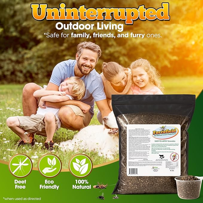 ForceField Natural Flea, Mosquito Yard Treatment - Repellent Granules for Backyard Mosquito Control | Pet Safe, DEET-Free Outdoor Control | Long-Lasting Barrier for Lawns, Patios, & Barns 8 LB