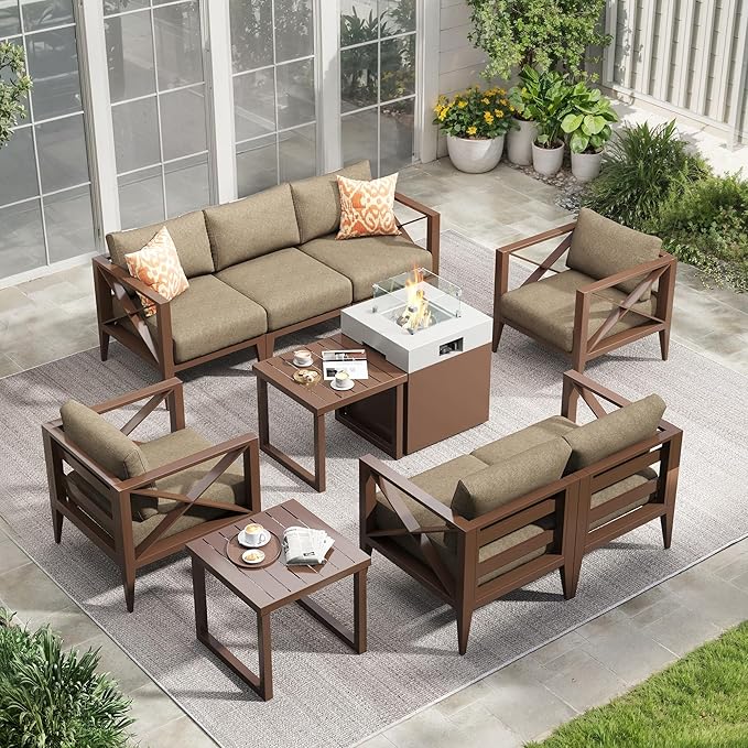Aluminum Patio Furniture Set with Fire Pit Table,7-Seats Patio Sectional Conversation Sofa with 6" All-Weather Cushions and Coffee Table,Furniture Set for Deck, Porch, Garden (Brown)