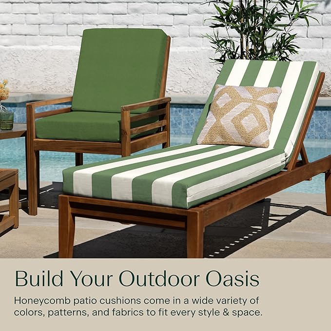 Honeycomb Outdoor Heritage Chaise, 22.5" W x 70" L, Cabana Stripe Green & Cream Chair Cushion for Patio Furniture