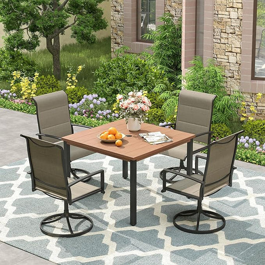 VICLLAX Outdoor Patio Dining Table for 4, Metal Square Patio Table with Umbrella Hole for Backyard Porch, Walnut 40.2"